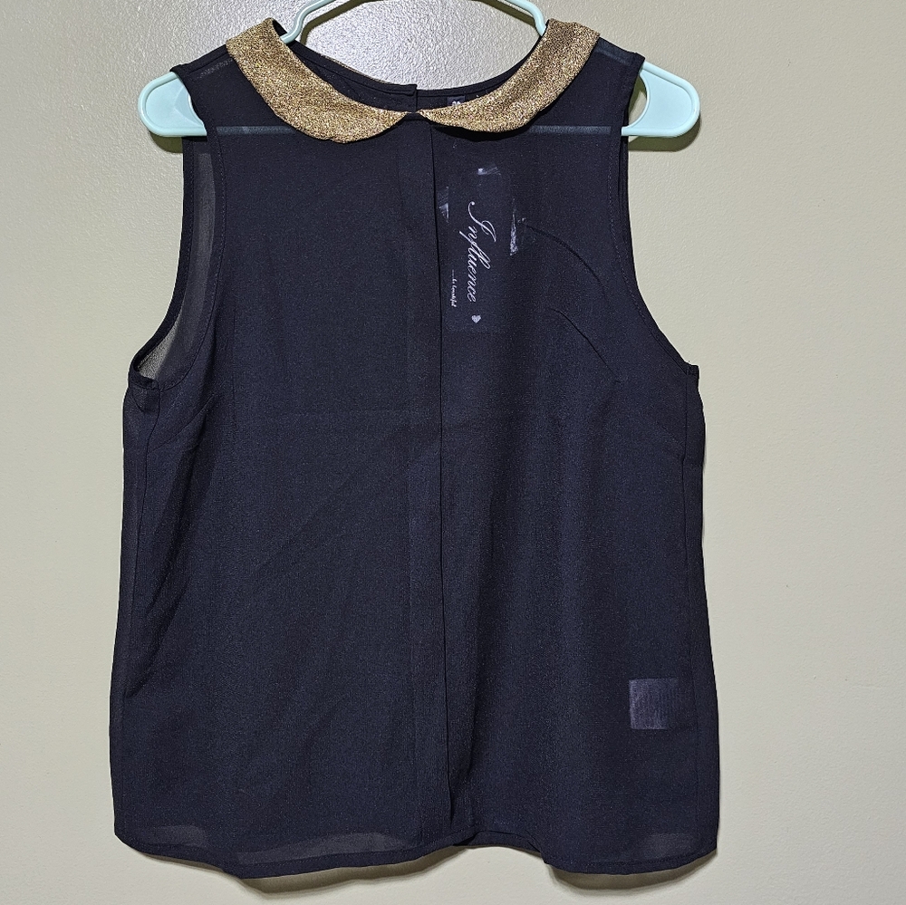 Influence Black Tank Top with Gold Collar Chiffon Back Gold Button Closure Sz L
